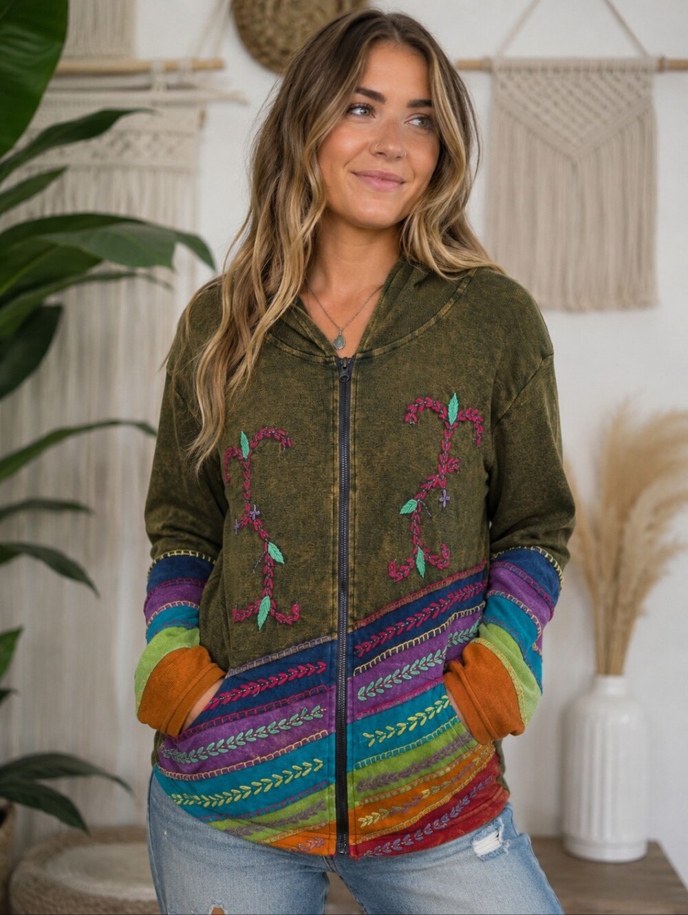 Boho Nepal Embroidered Zip Hoodie Jacket Rainbow Patchwork Oversized L/XL